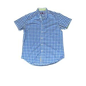 Robert Graham size L shirt, button up plaid blue/white short sleeve office